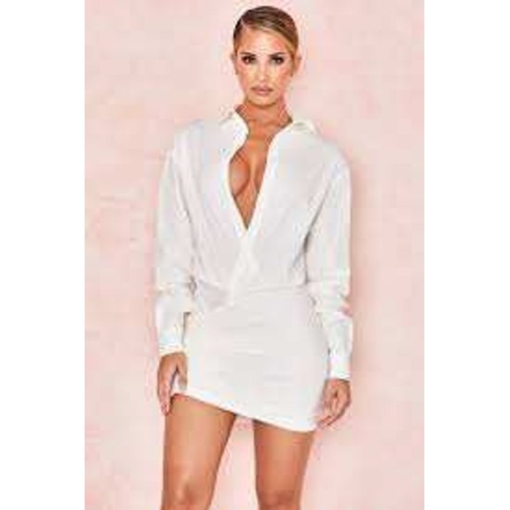 House of CB Shirt Dress Women Small White Ruched Wrap Mini Long Sleeve